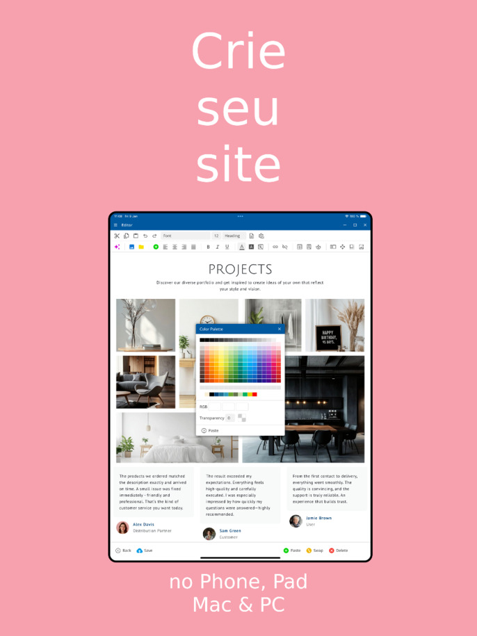 Aplicativo criador de sites - Criar site via aplicativo em iOS e Android – Visão para tablet