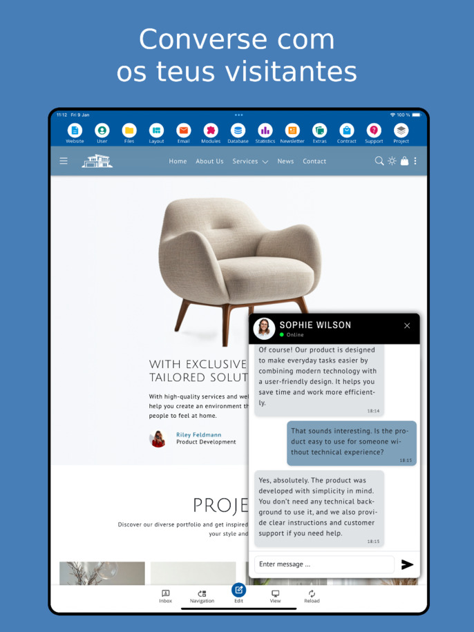 Chat com visitantes no aplicativo criador de sites – visão para tablet