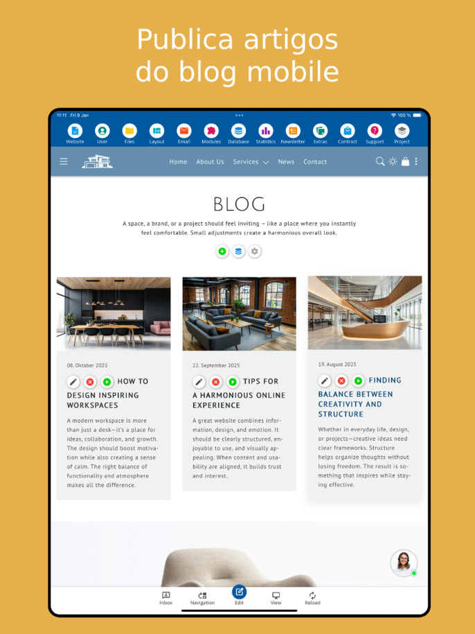Gerenciar artigos de blog no celular – exibição para tablet