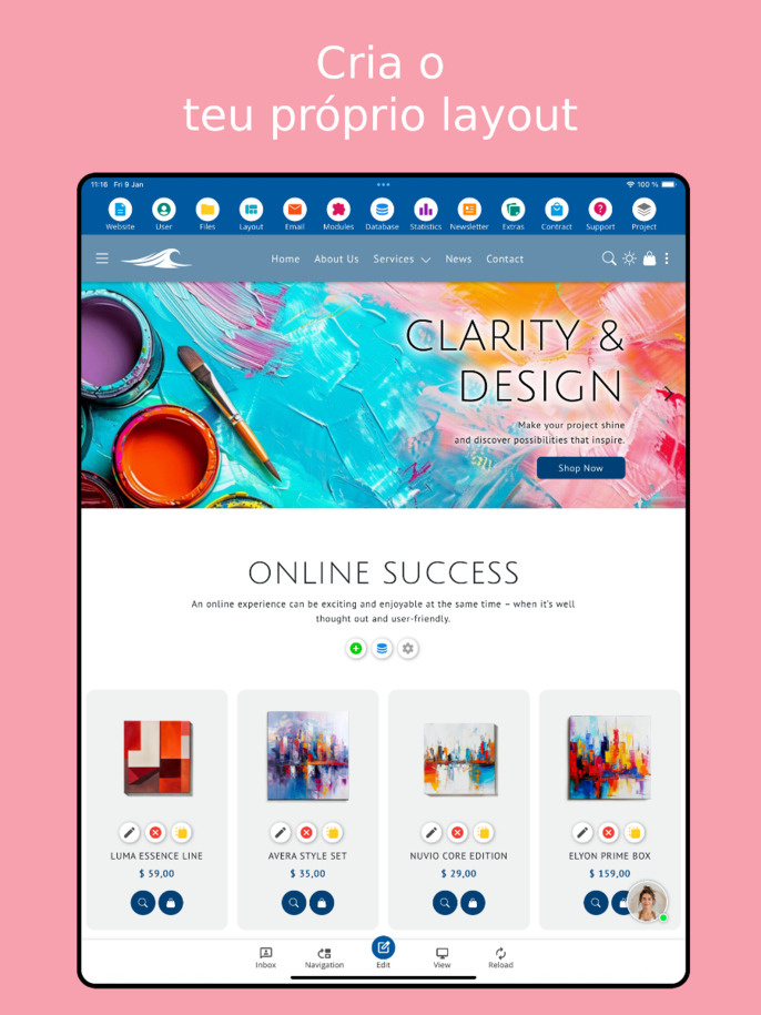 Editor de layout do aplicativo criador de sites – visão para tablet
