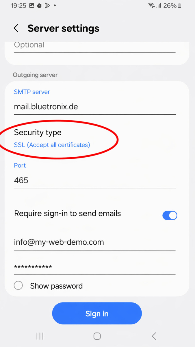 Samsung E-Mail Servereinstellungen mit markiertem Sicherheitstyp SSL alle Zertifikate akzeptieren